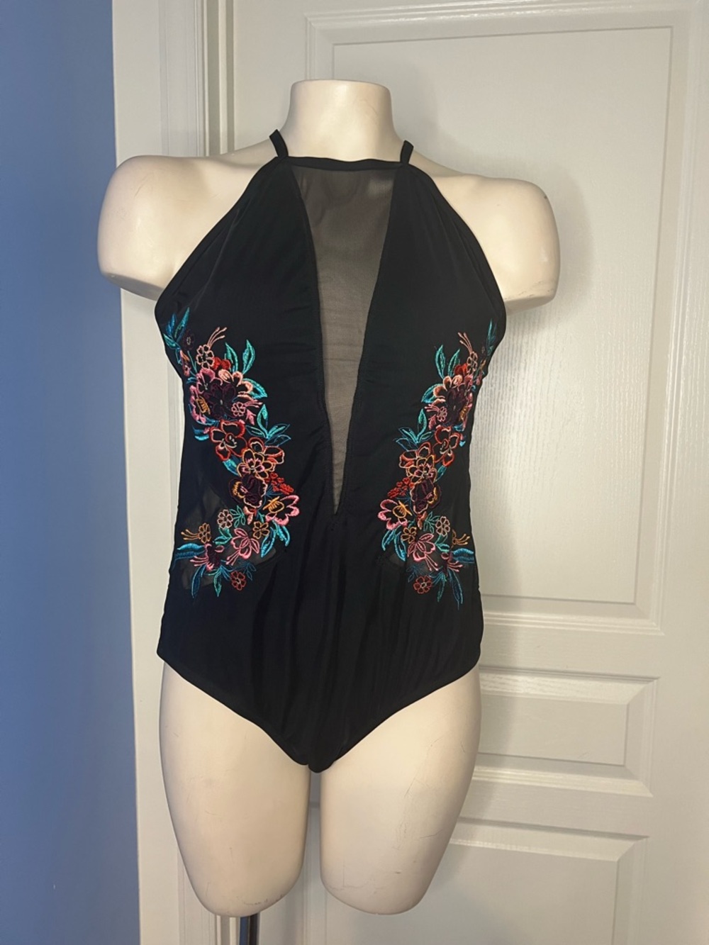 Laundry By Shelli Segal Black Mesh Bodysuit with Gold Accent